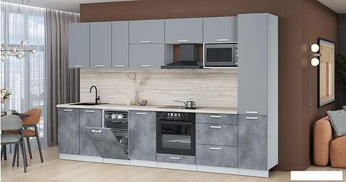Готовая кухня Интерлиния Мила Лайт 3.3-ПМ4 (серебро/бетон портленд/травертин серый)