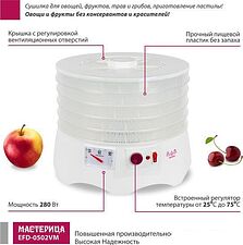 Сушилка для овощей и фруктов Мастерица EFD-0502VM (5 прозрачных поддонов и 1 поддон для пастилы) Сушилка для овощей и фруктов Мастерица EFD-0502VM (5 прозрачных поддонов и 1 поддон для пастилы)