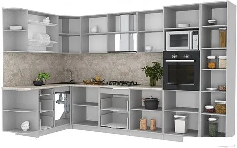 Готовая кухня Интерлиния Мила Лайт 1.68x3.4 левая (белый платинум/белый платинум/дуб бунратти)