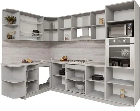 Готовая кухня Интерлиния Мила Gloss 1.68x2.8 левая (пепел софт/керамика/травертин серый)