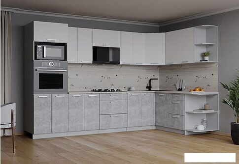 Готовая кухня Интерлиния Мила Лайт 1.68x3.0 правая (белый платинум/бетон/бискайская сосна)