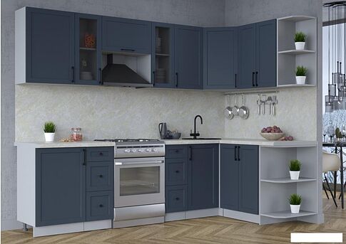 Готовая кухня Интерлиния Тренд 1.5x2.7 правая (индиго/индиго/опал светлый)