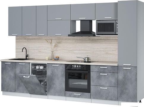 Готовая кухня Интерлиния Мила Лайт 3.3-ПМ4 (серебро/бетон портленд/травертин серый)