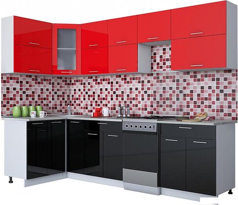 Угловая кухня Интерлиния Мила Gloss 50-12x28 (красный/черный глянец)