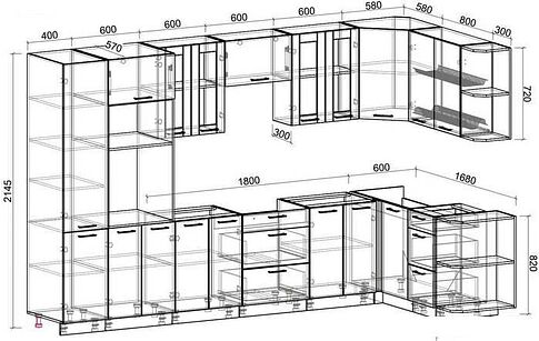 Готовая кухня Интерлиния Мила 1.68x3.4 правая без столешницы (белый платинум/дуб золотой)