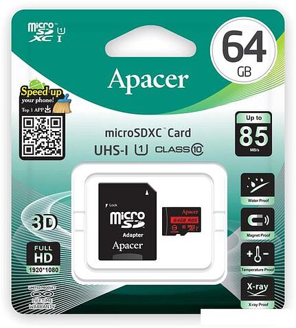 Карта памяти Apacer microSDXC AP64GMCSX10U5-R 64GB (с адаптером)