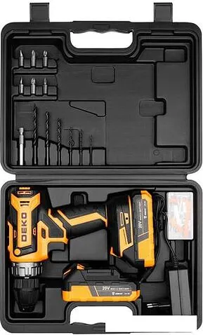Дрель-шуруповерт Deko DKCD20V 080-1002 (с 2-мя АКБ, кейс, оснастка)
