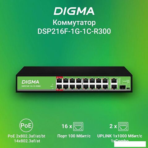Неуправляемый коммутатор Digma DSP216F-1G-1C-R300