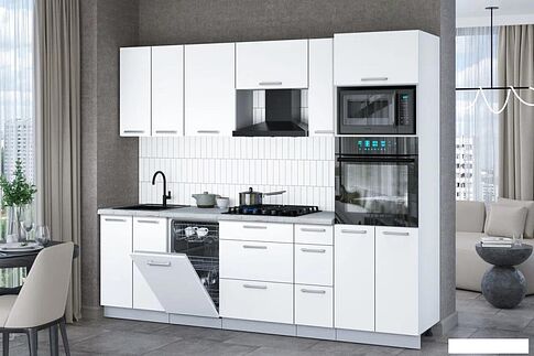 Готовая кухня Интерлиния Мила Gloss 2.55-ПМ3 (белый/белый/серый каспий)