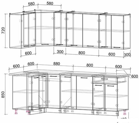 Готовая кухня Интерлиния Мила Лайт 1.2x2.3 (бетон-бетон-кастилло темный)