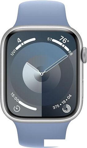 Умные часы Apple Watch Series 9 45 мм (алюминиевый корпус, серебристый/зимний синий, спортивный силиконовый ремешок S/M)