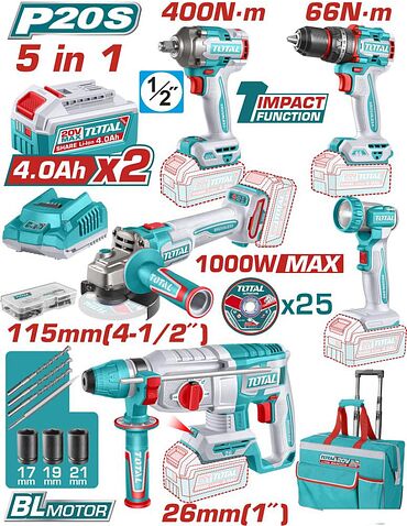 Total TCKLI20592 (шуруповерт, гайковерт, перфоратор, болгарка, фонарь, 2 АКБ, сумка)