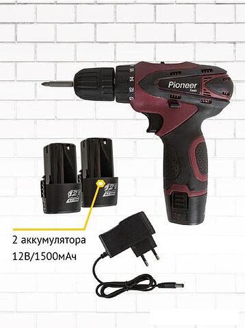 Дрель-шуруповерт Pioneer CD-M1202C (с 2-мя АКБ, кейс, оснастка)