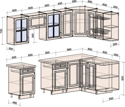 Готовая кухня Интерлиния Мила Шато 1.5x2.6 правая (белый/белый/кастилло темный)