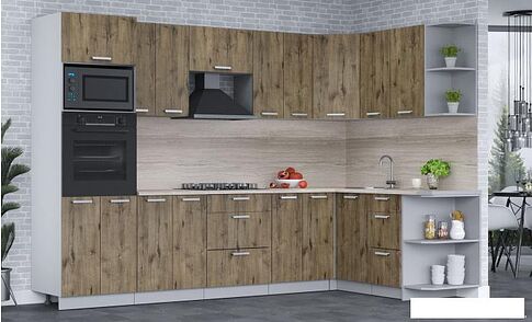 Готовая кухня Интерлиния Мила Лайт 1.68x3.0 правая (дуб веллингтон/дуб веллингтон/травертин серый)