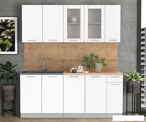 Готовая кухня Интерлиния Мила 19 (белый платинум/белый платинум глянец/дуб бунратти)