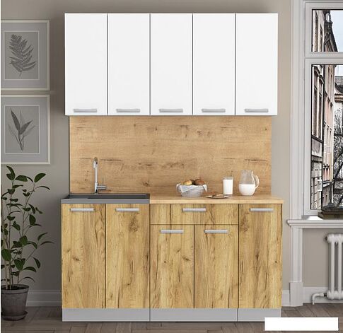 Готовая кухня Интерлиния Мила Лайт 1.5 (белый платинум/дуб золотой/дуб бунратти)