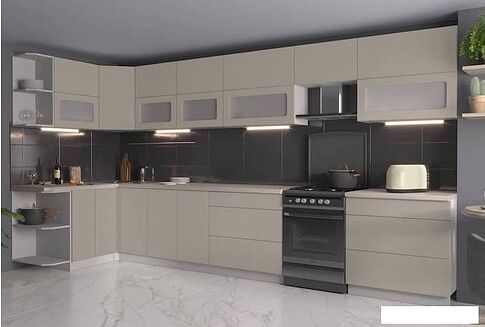 Готовая кухня Интерлиния Мила Матте 1.5x4.0 Б правая (луна-луна-травертин серый)