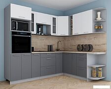 Готовая кухня Интерлиния Мила Gloss 1.88x2.4 правая (белый софт/серый софт/травертин серый)