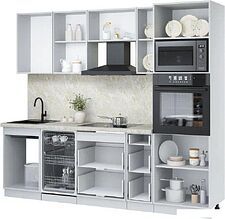 Готовая кухня Интерлиния Мила Лайт 2.45-ПМ3 (белый платинум/белый платинум/травертин серый)