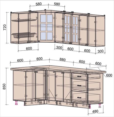 Готовая кухня Интерлиния Мила Деко 1.2x2.1 (черный/дуб вотан/белый гранит)
