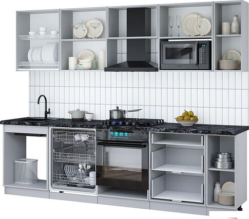 Готовая кухня Интерлиния Мила Gloss 2.7-ПМ2 (черный глянец/белый глянец/белый гранит)