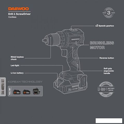 Дрель-шуруповерт Daewoo Power DAA 4021Li Set (с 2-мя АКБ, кейс)