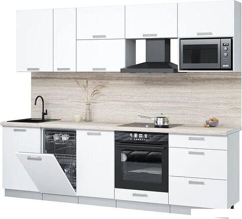 Готовая кухня Интерлиния Мила Лайт 2.6-ПМ4 (белый платинум/белый платинум/травертин серый)