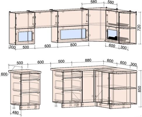 Угловая кухня Интерлиния Мила Матте 1.5x2.5 Б правая (океан/луна/травертин серый)