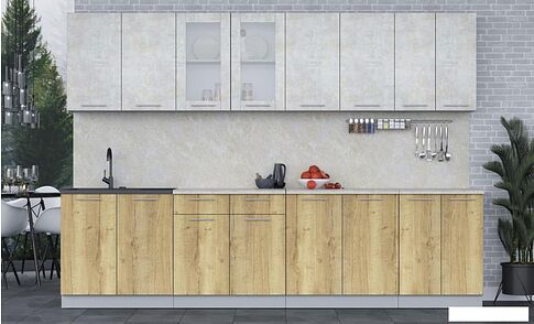 Готовая кухня Интерлиния Мила 30 (бетон лайт/дуб золотой/опал светлый)