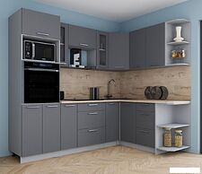 Готовая кухня Интерлиния Мила Gloss 1.68x2.4 правая (серый софт/серый софт/травертин серый)