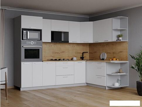 Готовая кухня Интерлиния Мила Лайт 1.68x2.6 правая (белый платинум/белый платинум/дуб бунратти)