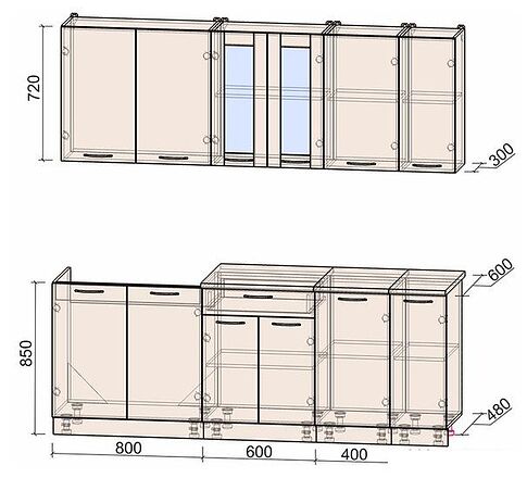 Готовая кухня Интерлиния Мила 21 (вудлайн кремовый-бетон-бискайская сосна)