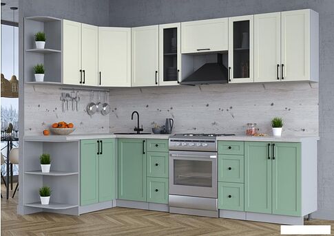 Готовая кухня Интерлиния Тренд 1.5x2.8 левая (мята/белый/бискайская сосна)