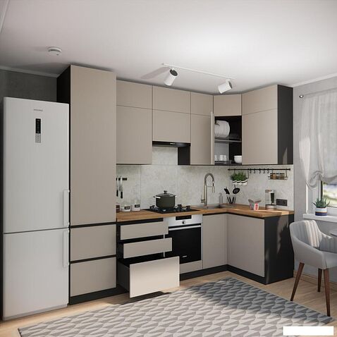 Готовая кухня ВерсоМебель Эко Премиум 1.2x2.7 правая (глиняный серый/ст. дуб вотан)