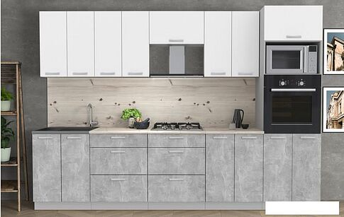 Готовая кухня Интерлиния Мила Лайт 3.0 ВТ (белый платинум/бетон/бискайская сосна)