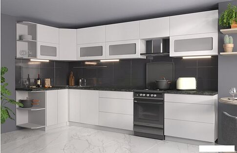 Угловая кухня Интерлиния Мила Матте 1.5x3.6 Б левая (белый/белый/кастилло темный)