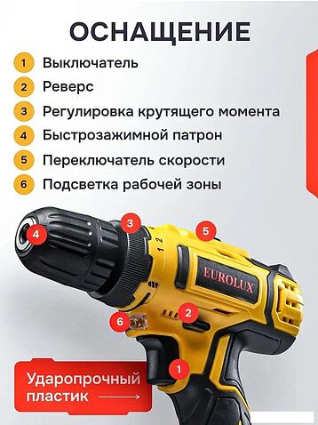 Дрель-шуруповерт Eurolux ДА-16DU-2 900/72/14/64 (с 2-мя АКБ, кейс)