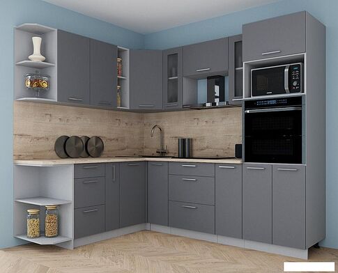Готовая кухня Интерлиния Мила Gloss 1.88x2.4 левая (серый софт/серый софт/травертин серый)