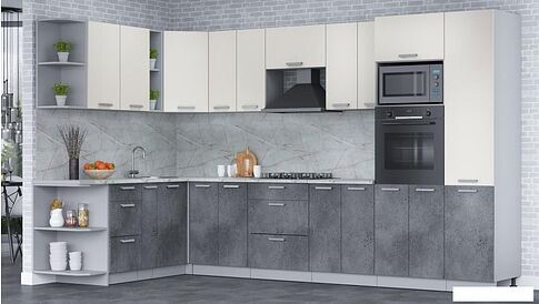 Готовая кухня Интерлиния Мила Лайт 1.88x3.4 левая (персидский жемчуг/бетон портленд/серый каспий)