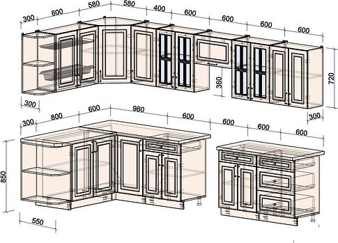 Готовая кухня Интерлиния Мила Шато 1.7x3.4 левая (слоновая кость/пепел/травертин серый)