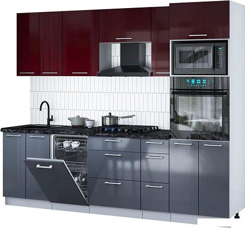 Готовая кухня Интерлиния Мила Gloss 2.55-ПМ3 (асфальт глянец/бордовый глянец/кастилло темный)