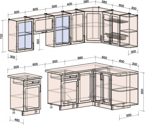 Готовая кухня Интерлиния Тренд 1.5x2.6 правая (мята/мята/дуб бунратти)