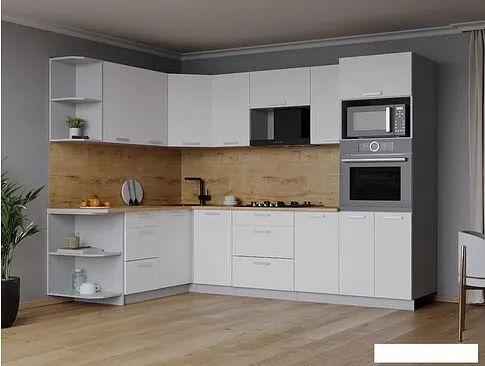 Готовая кухня Интерлиния Мила Лайт 1.68x2.6 левая (белый платинум/белый платинум/дуб бунратти)