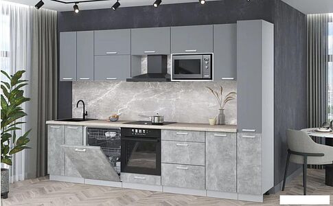 Готовая кухня Интерлиния Мила Лайт 3.1-ПМ2 (серебро/бетон/травертин серый)