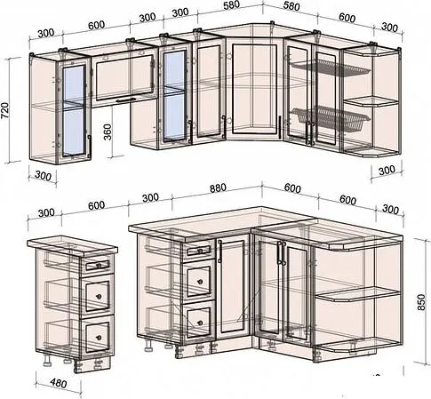 Готовая кухня Интерлиния Тренд 1.5x2.1 правая (луна/луна/бискайская сосна)