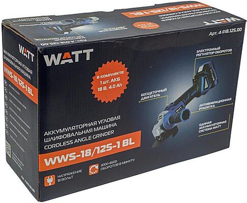 Угловая шлифмашина WATT WWS-18/125-1 BL 4.018.125.00 (с 1-им АКБ)