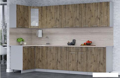 Готовая кухня Интерлиния Мила 12x30 (дуб веллингтон/дуб веллингтон/травертин серый)