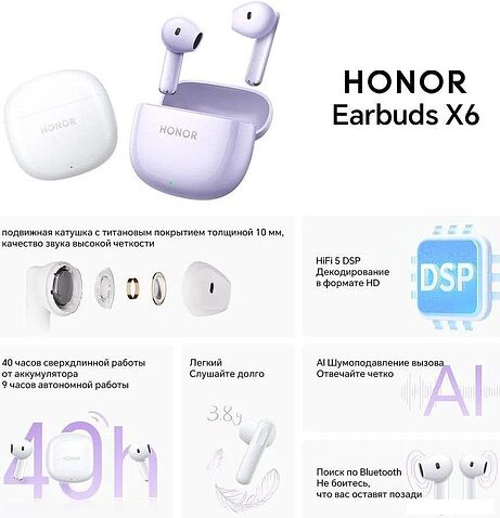 Наушники HONOR Earbuds X6 (сиреневый, международная версия)