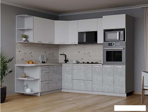 Готовая кухня Интерлиния Мила Лайт 1.68x2.4 левая (белый платинум/бетон/бискайская сосна)